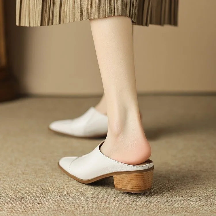 Elara — Hand-Stitched Leather Slip Mules with Wooden Heel