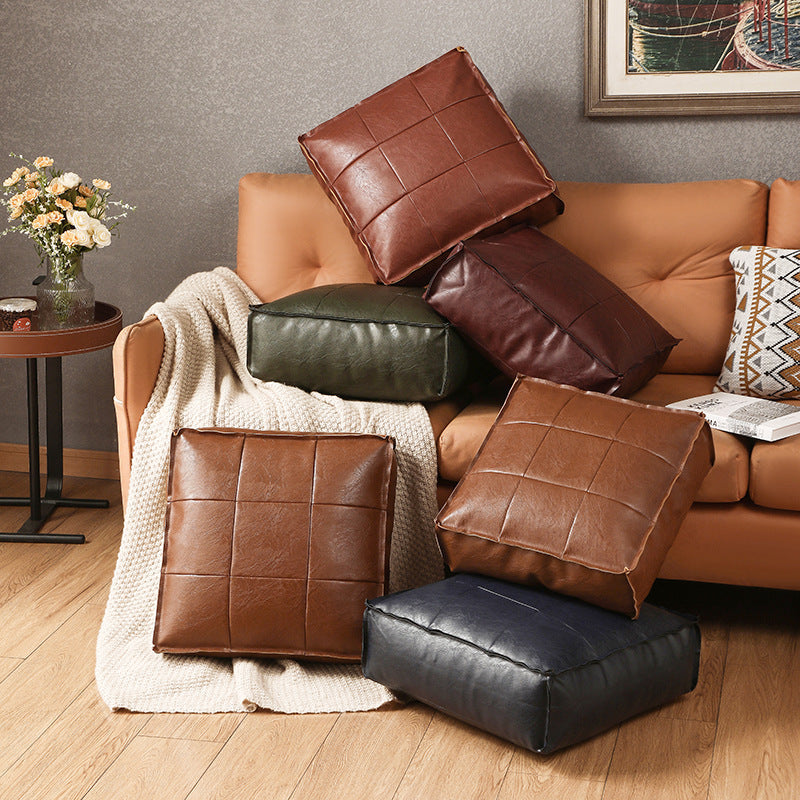 Liora Pouf — Moroccan Faux Leather Floor Cushion with Stitched Grid Design