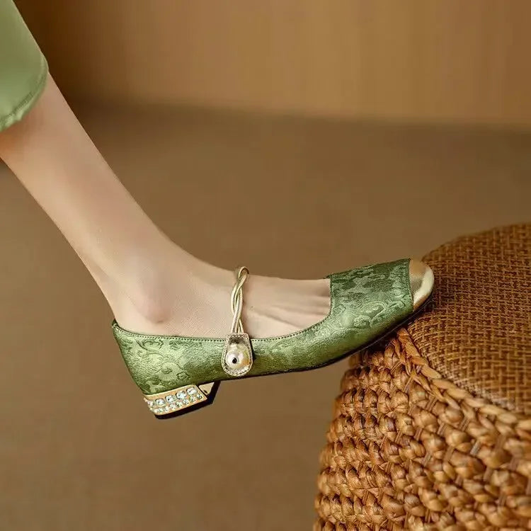 Aloria Silk Pumps — Vintage Style with Pearl Strap and Low Heel