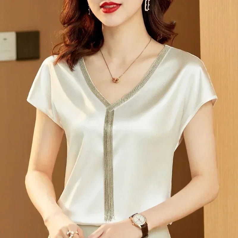 Celestea — Satin Blend V-Neck Dress with Fringe Detail