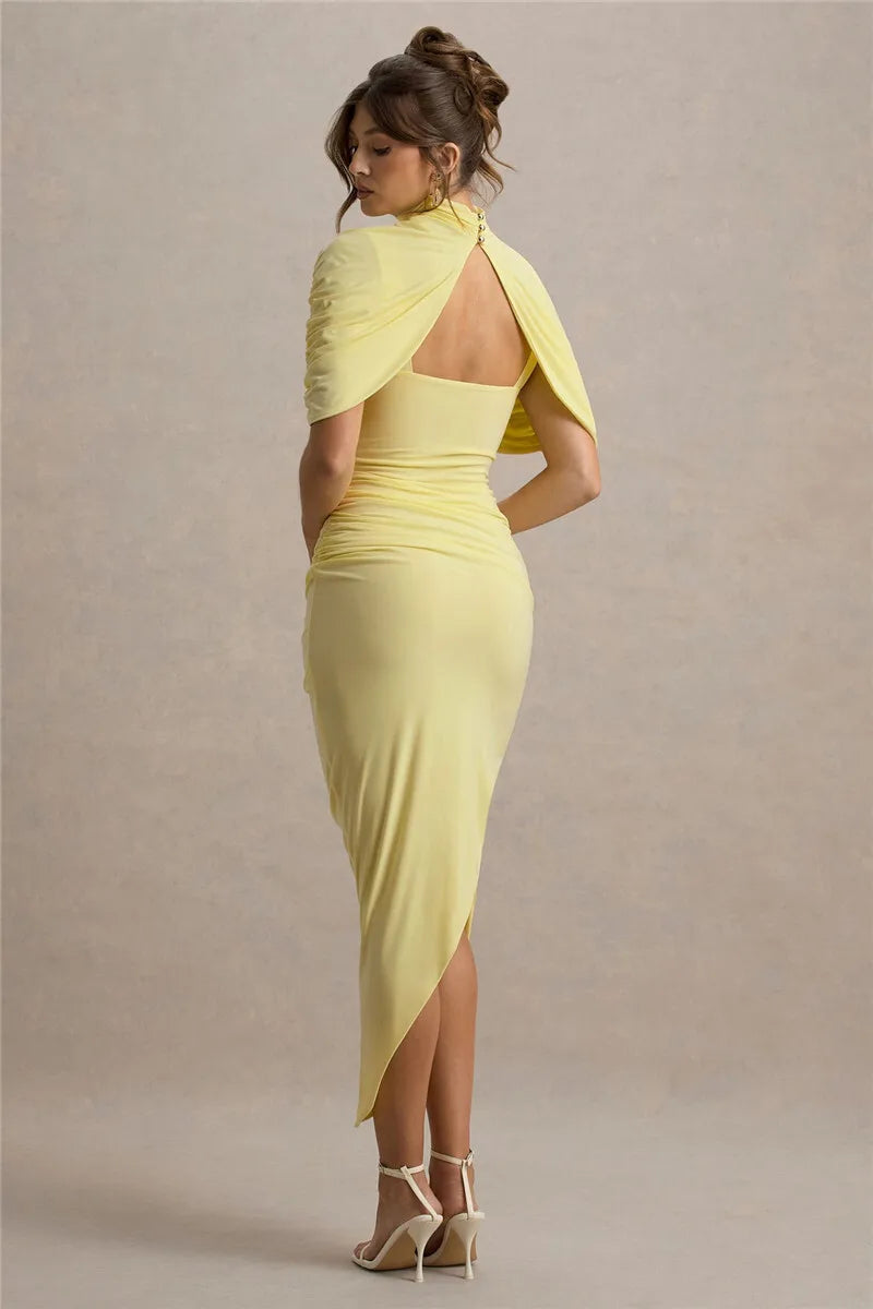 Arlenza — Backless Maxi Dress with Ruched Waist and Turtleneck