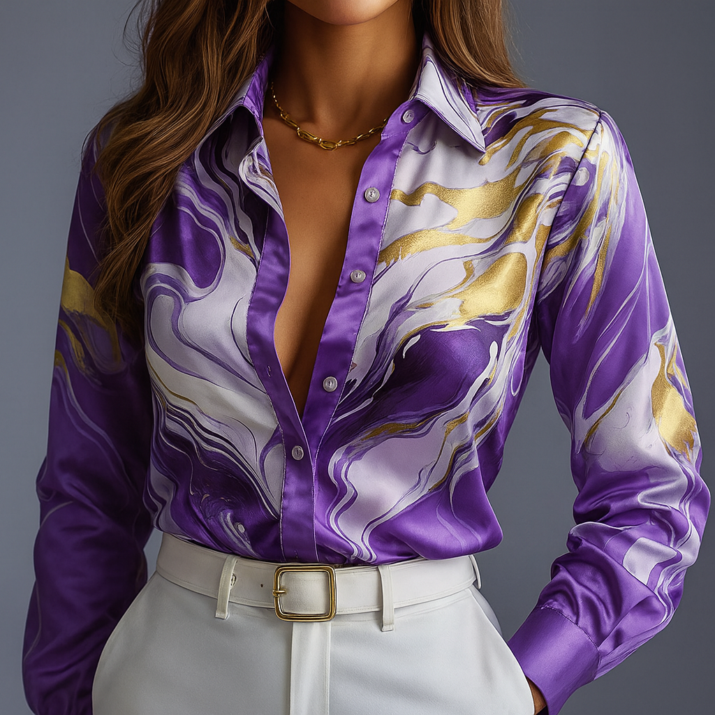 Madryn — Satin Silk Blend Button-Up Shirt with Marble Gloss Finish
