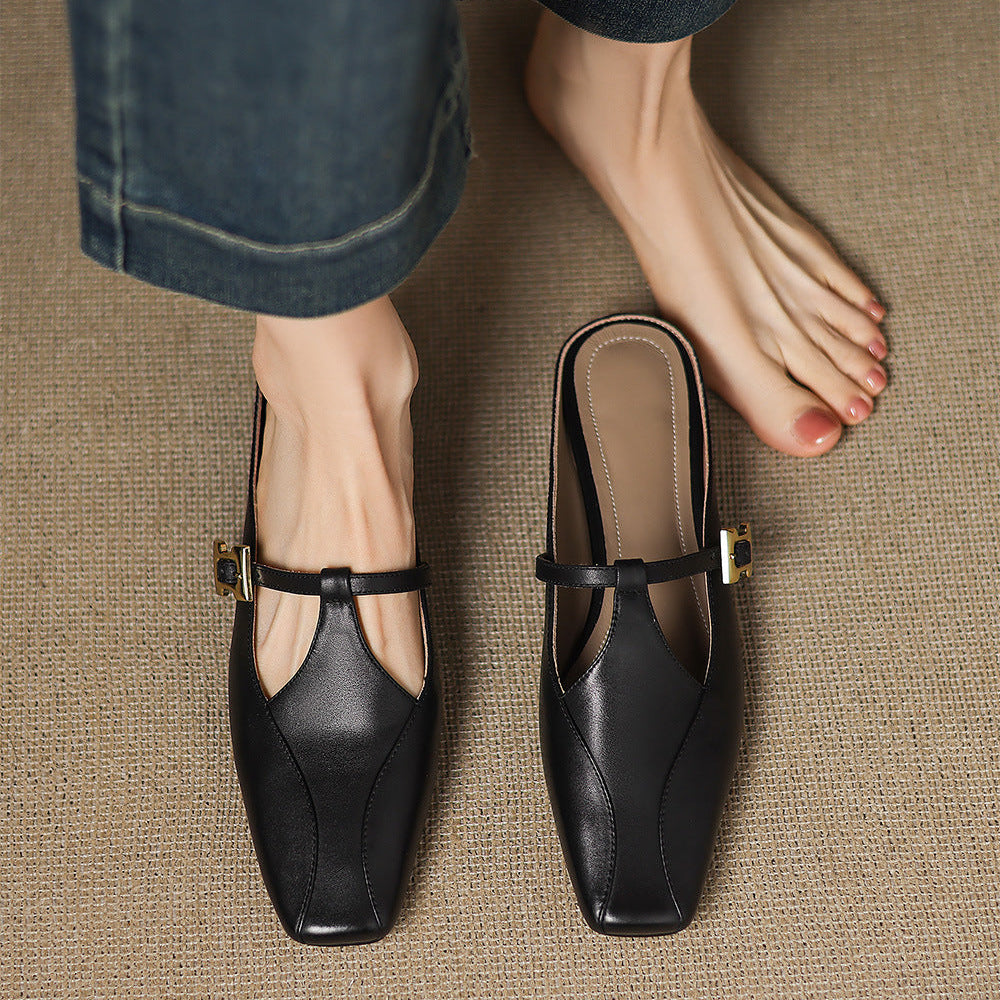 Velora — Genuine Leather T-Strap Mules with Cushioned Heel