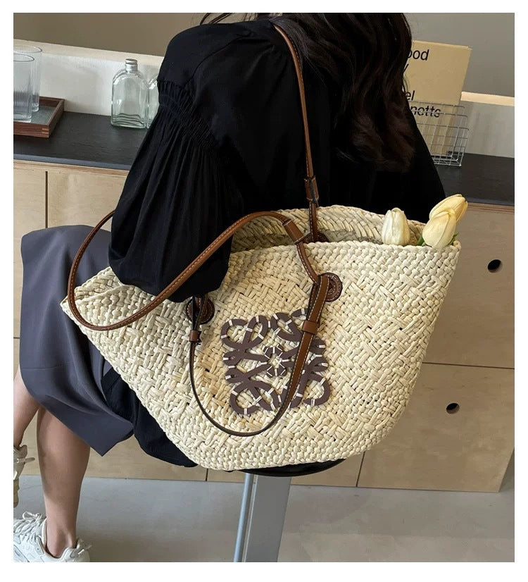 Liora — Handcrafted Straw Beach Bag with Adjustable Faux Leather Handles