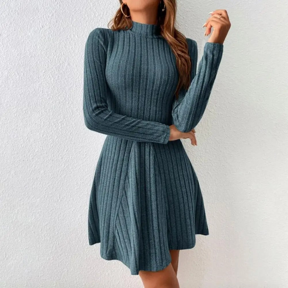 Lioren — Ribbed Mock Neck Dress with Flared Hem and Stretch Fit