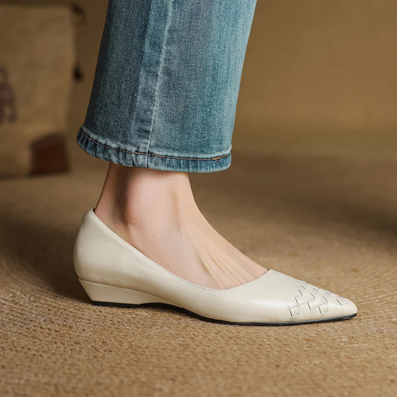 Emara Woven Leather Pumps — Genuine Leather Pointed Toe with Comfortable Wedge Heel