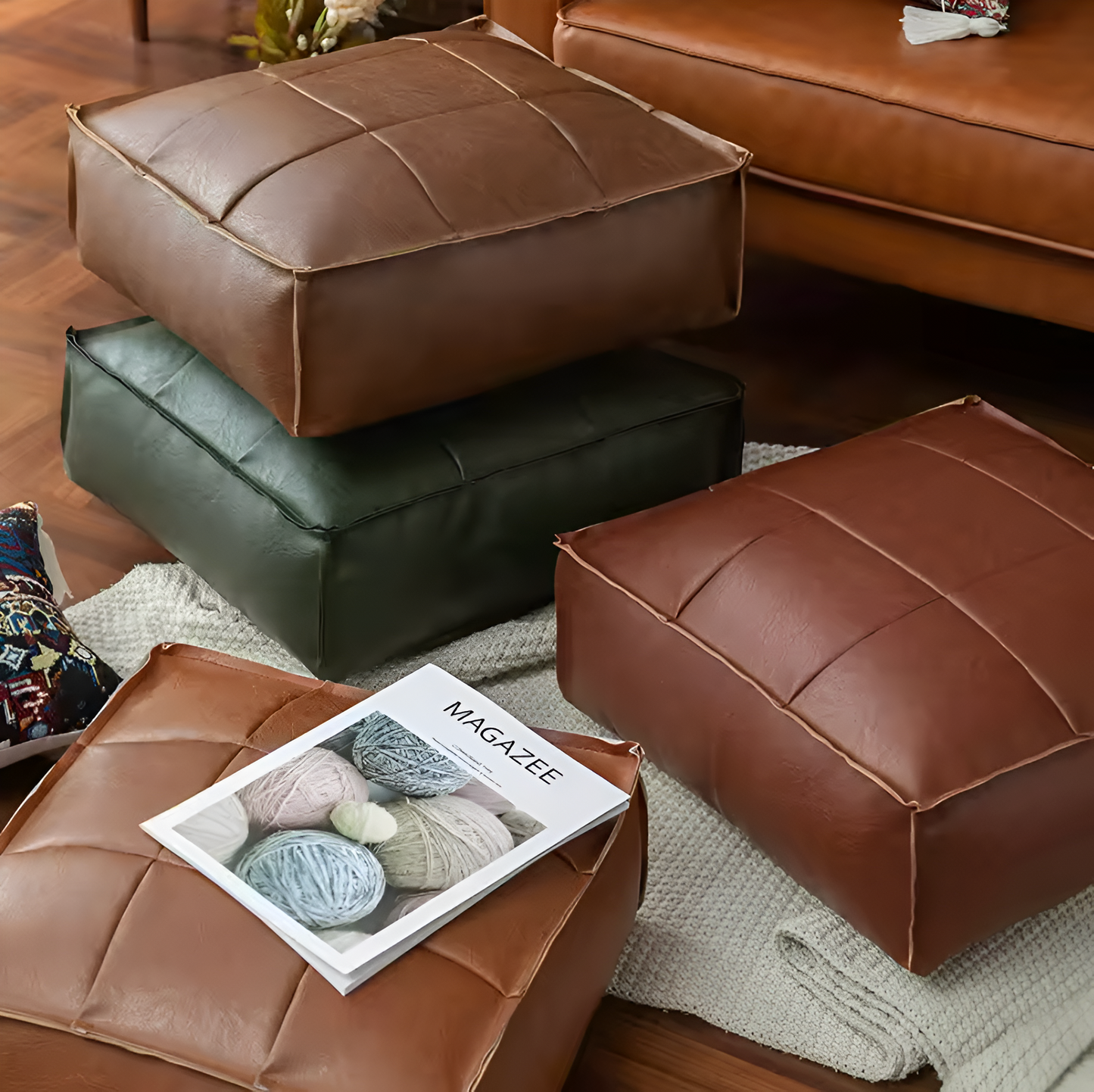 Liora Pouf — Moroccan Faux Leather Floor Cushion with Stitched Grid Design