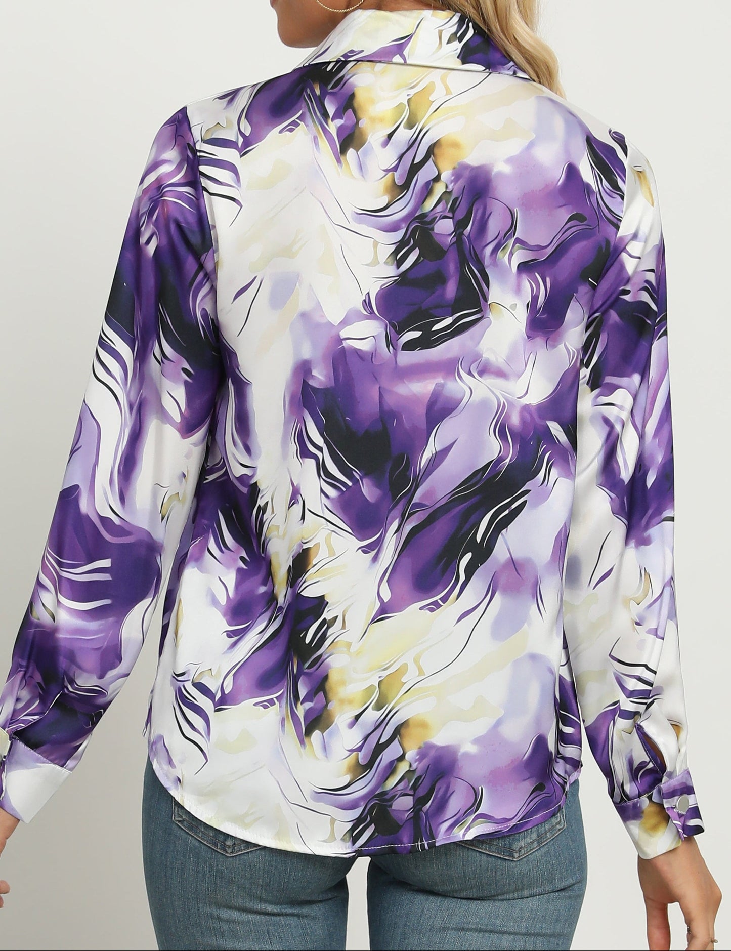 Madryn — Satin Silk Blend Button-Up Shirt with Marble Gloss Finish