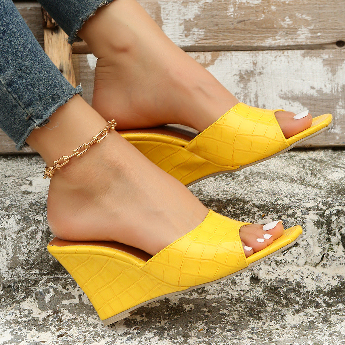 Liora — Croc-Embossed Wedge Mules with Open Square Toe