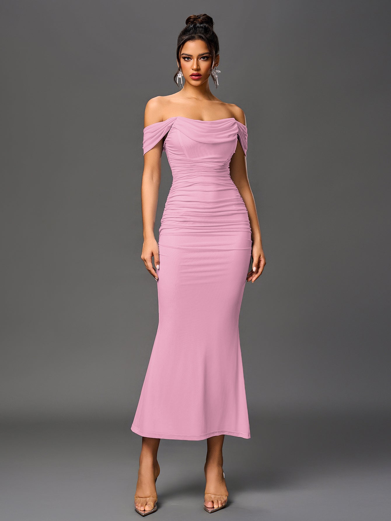 Vexira Off Shoulder Ruched Zipper Back Bodycon Dress