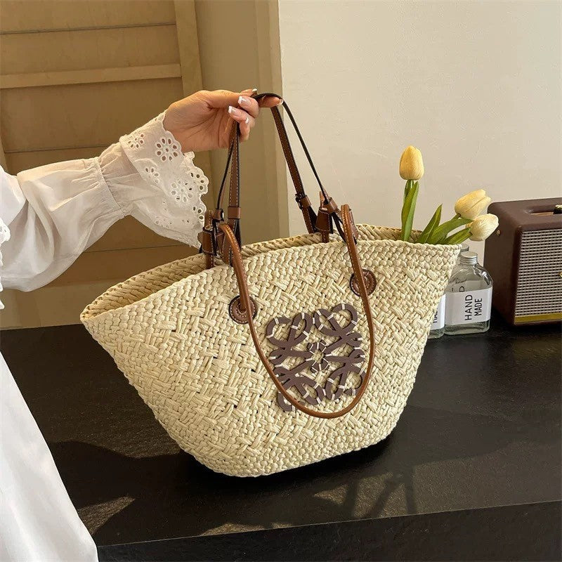 Liora — Handcrafted Straw Beach Bag with Adjustable Faux Leather Handles