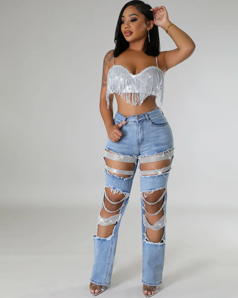 Norla — High-Waisted Pearl Embellished Stretch Jeans with Destroyed Finish