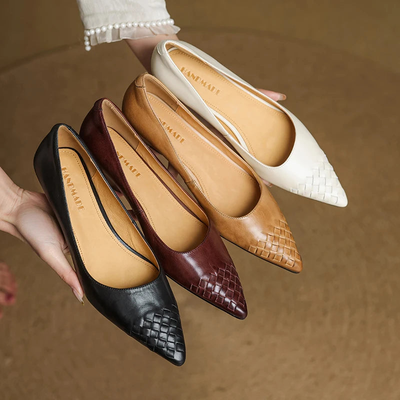 Emara Woven Leather Pumps — Genuine Leather Pointed Toe with Comfortable Wedge Heel