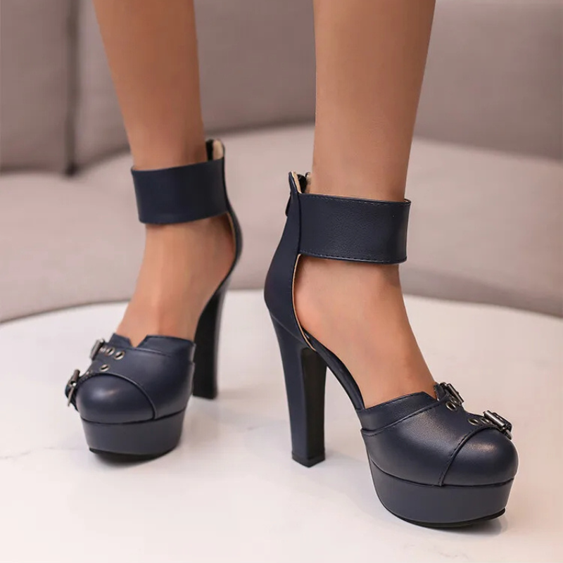 Norelle — Adjustable Double Buckle Leather Heels with 4.5" Block Heel