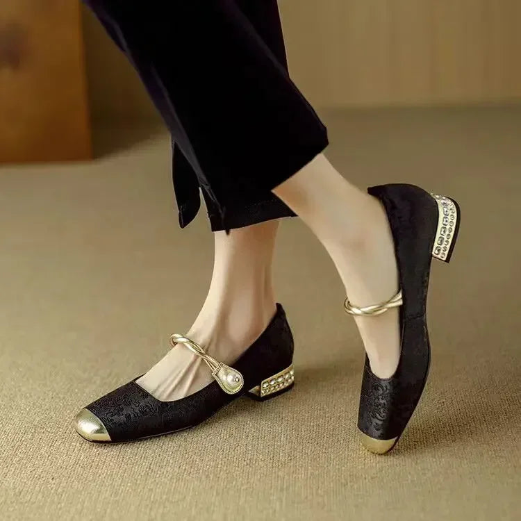 Aloria Silk Pumps — Vintage Style with Pearl Strap and Low Heel