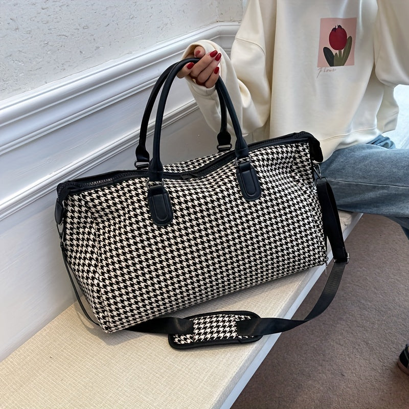 Lorian Weekender — Durable Houndstooth Canvas Travel Bag with Vegan Leather Trim
