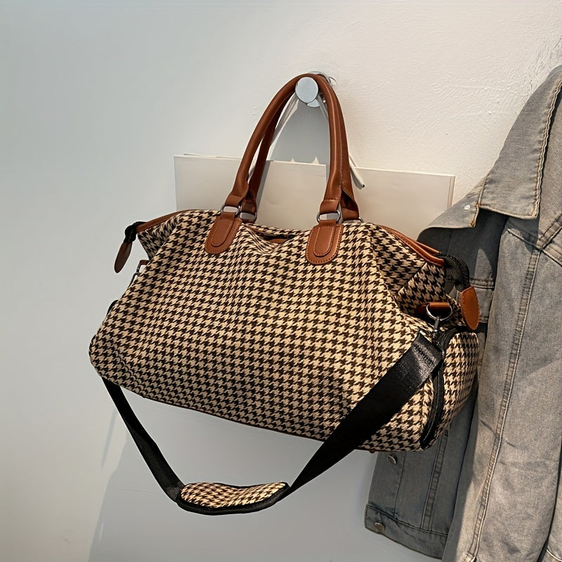 Lorian Weekender — Durable Houndstooth Canvas Travel Bag with Vegan Leather Trim