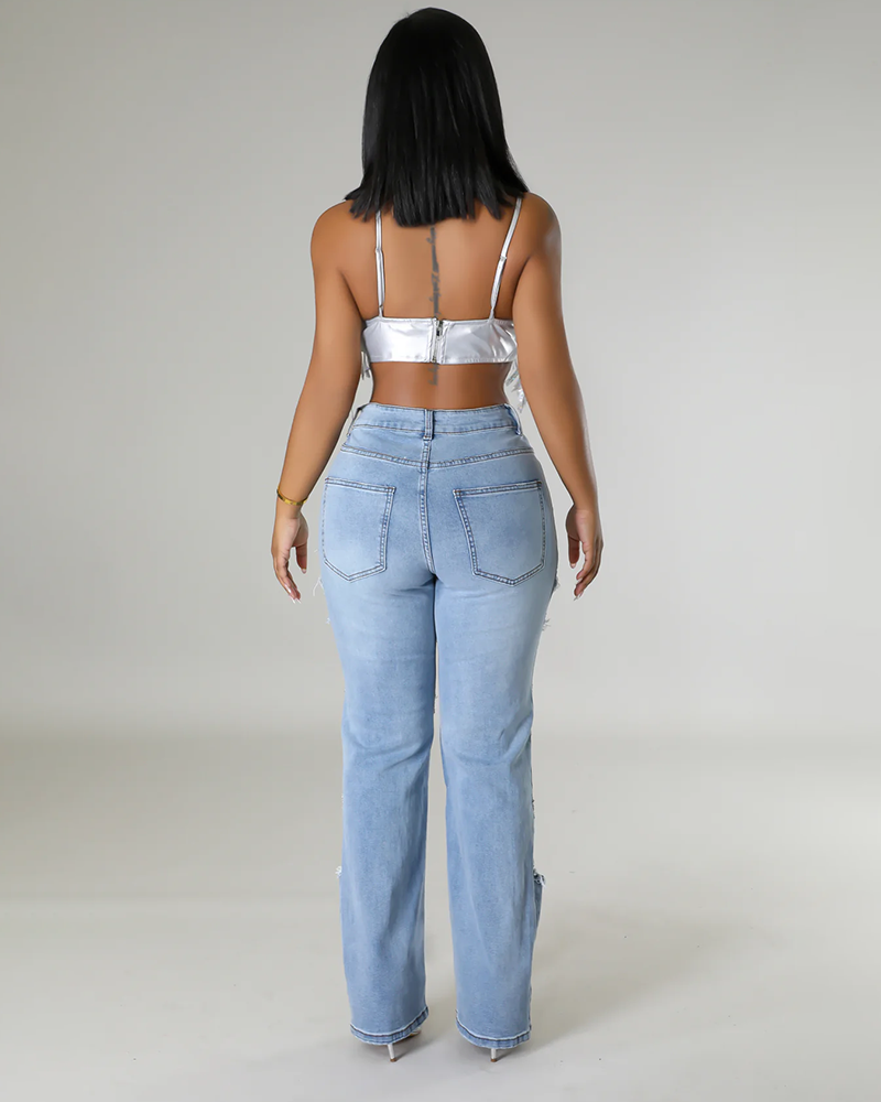Norla — High-Waisted Pearl Embellished Stretch Jeans with Destroyed Finish