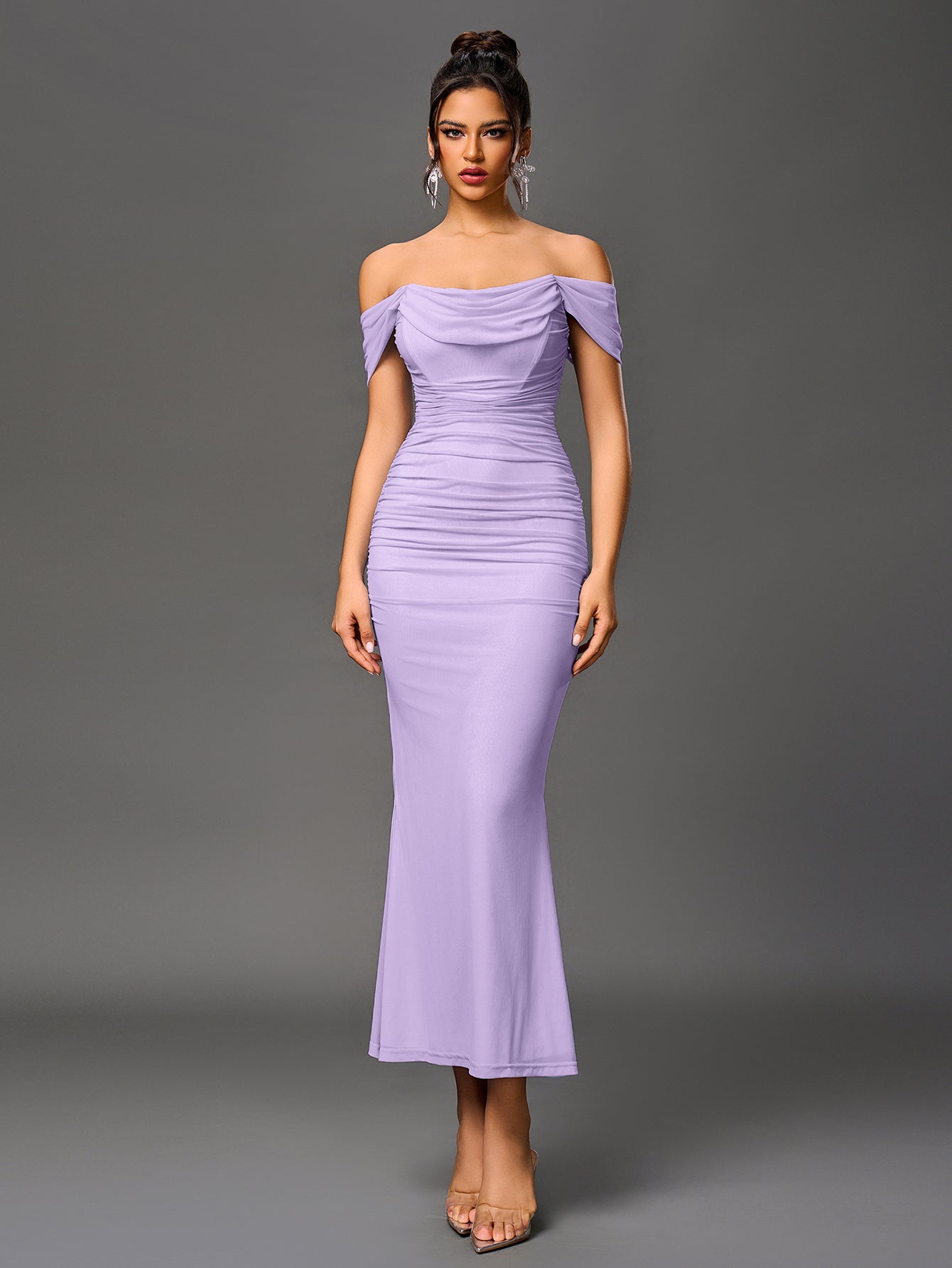 Vexira Off Shoulder Ruched Zipper Back Bodycon Dress