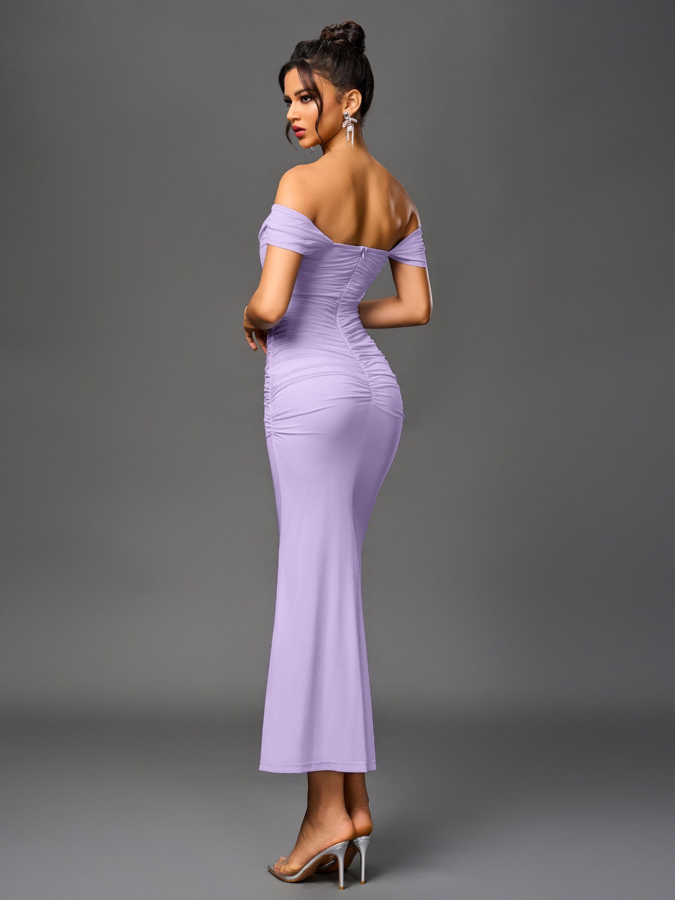 Vexira Off Shoulder Ruched Zipper Back Bodycon Dress