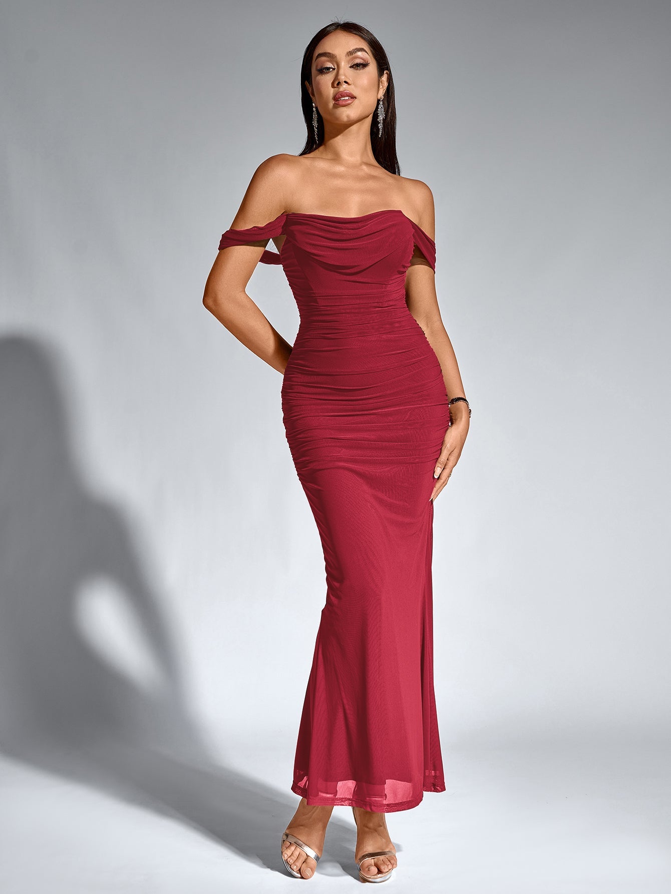 Vexira Off Shoulder Ruched Zipper Back Bodycon Dress