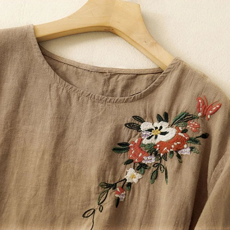Liora — Embroidered Linen Dress with Relaxed Fit