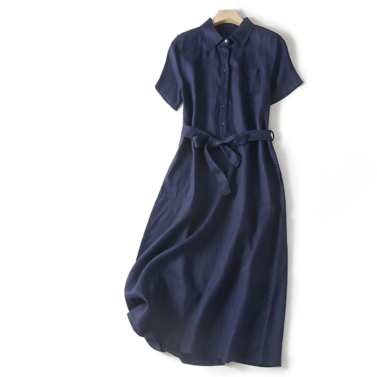 Liora Linen Dress — Breathable Collared Midi with Adjustable Belt