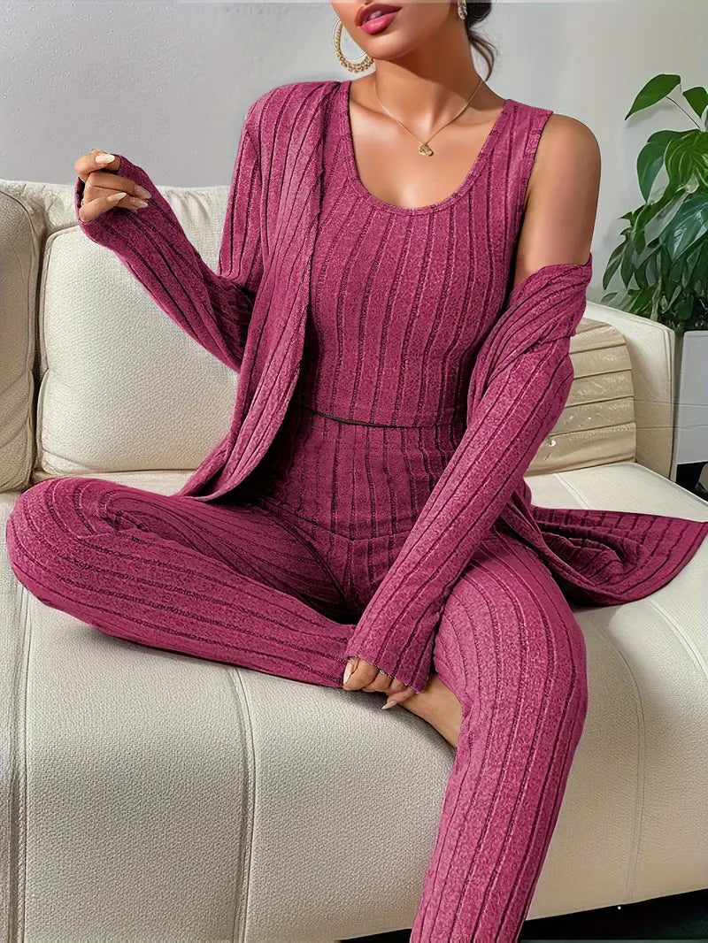 Vesira — 3-Piece Ribbed Knit Lounge Set with Slim Fit