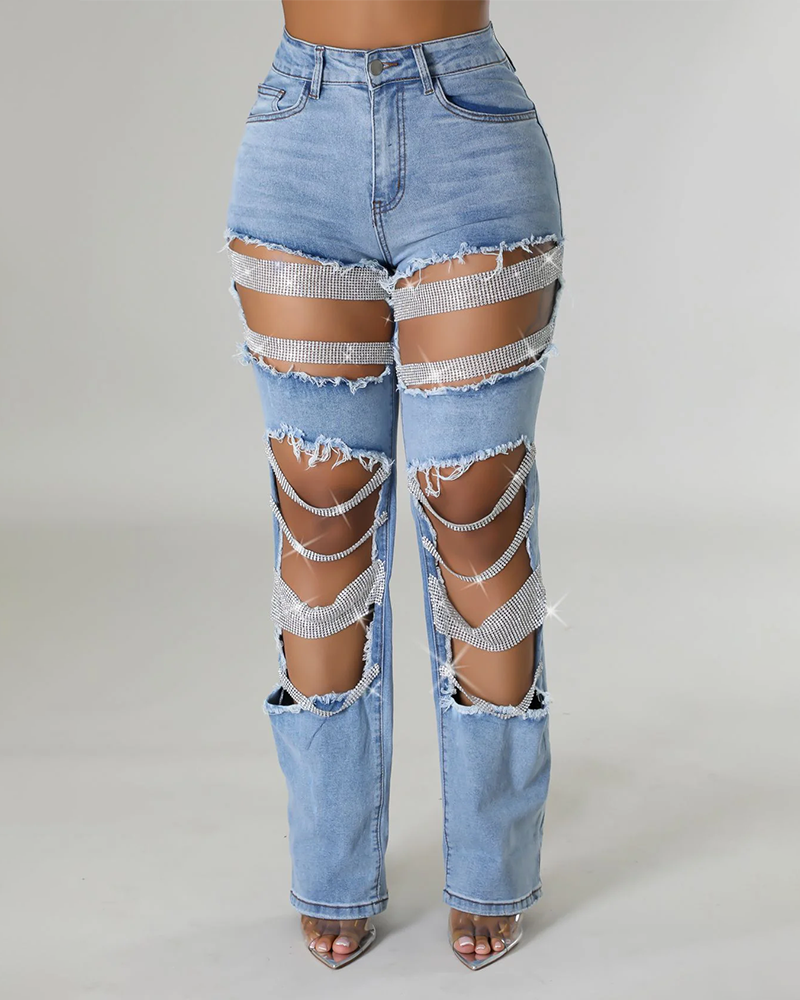 Norla — High-Waisted Pearl Embellished Stretch Jeans with Destroyed Finish