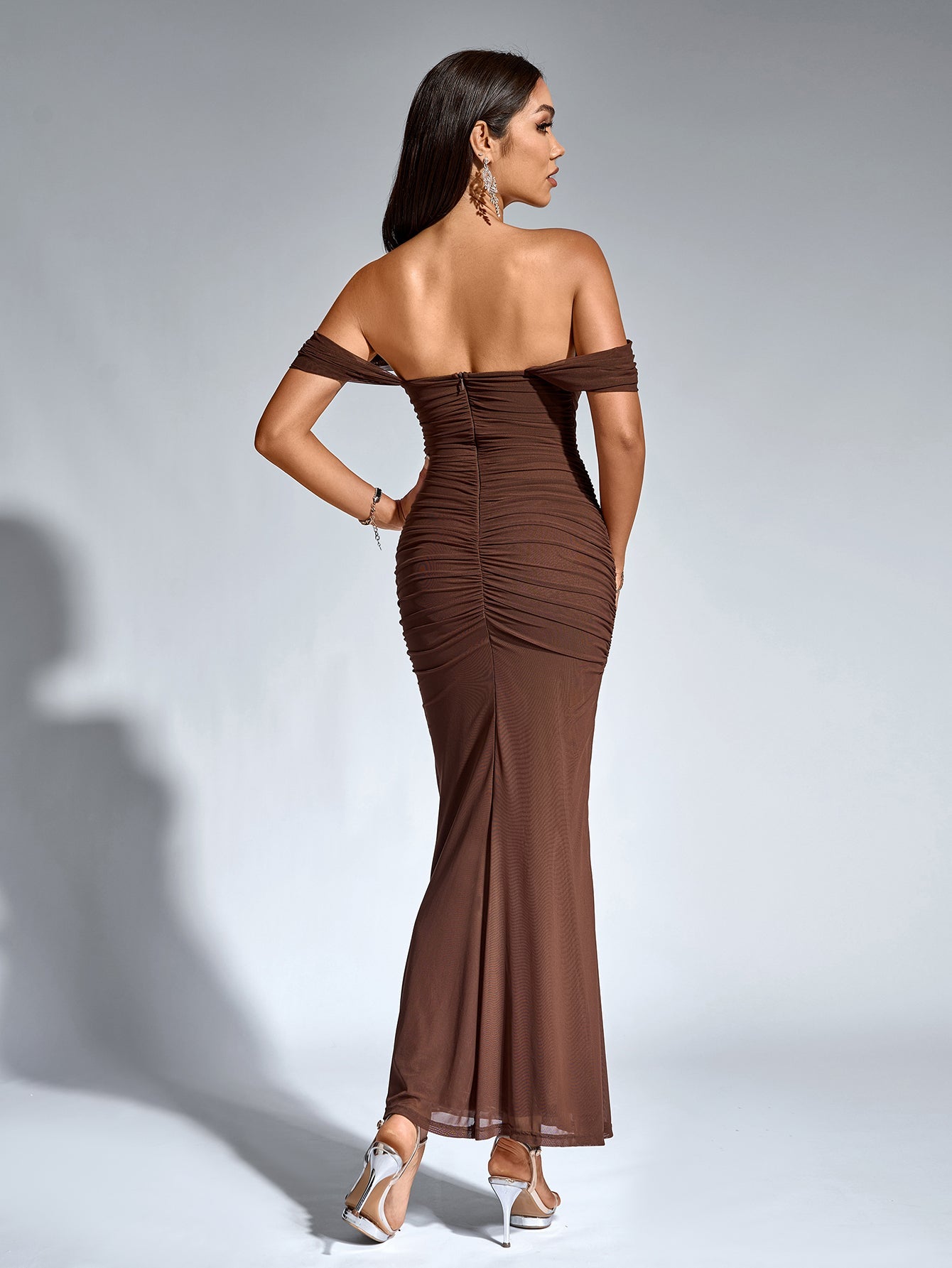 Vexira Off Shoulder Ruched Zipper Back Bodycon Dress