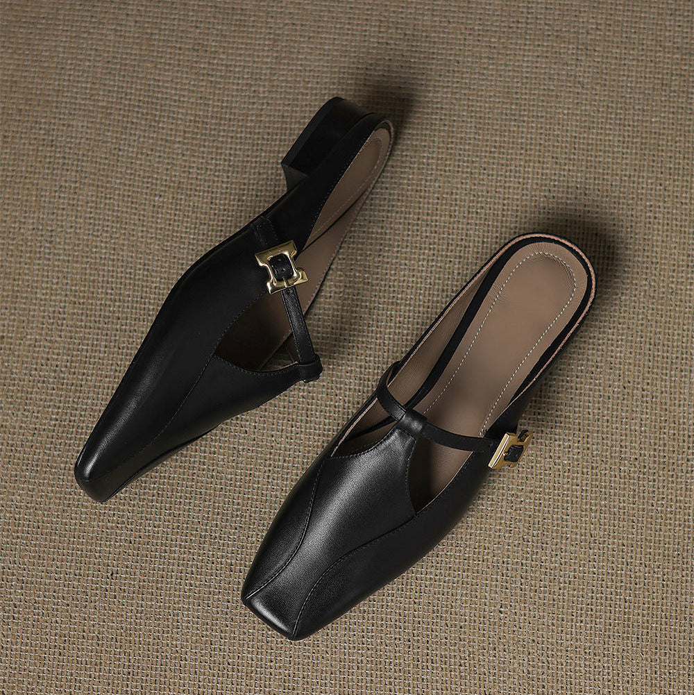 Velora — Genuine Leather T-Strap Mules with Cushioned Heel