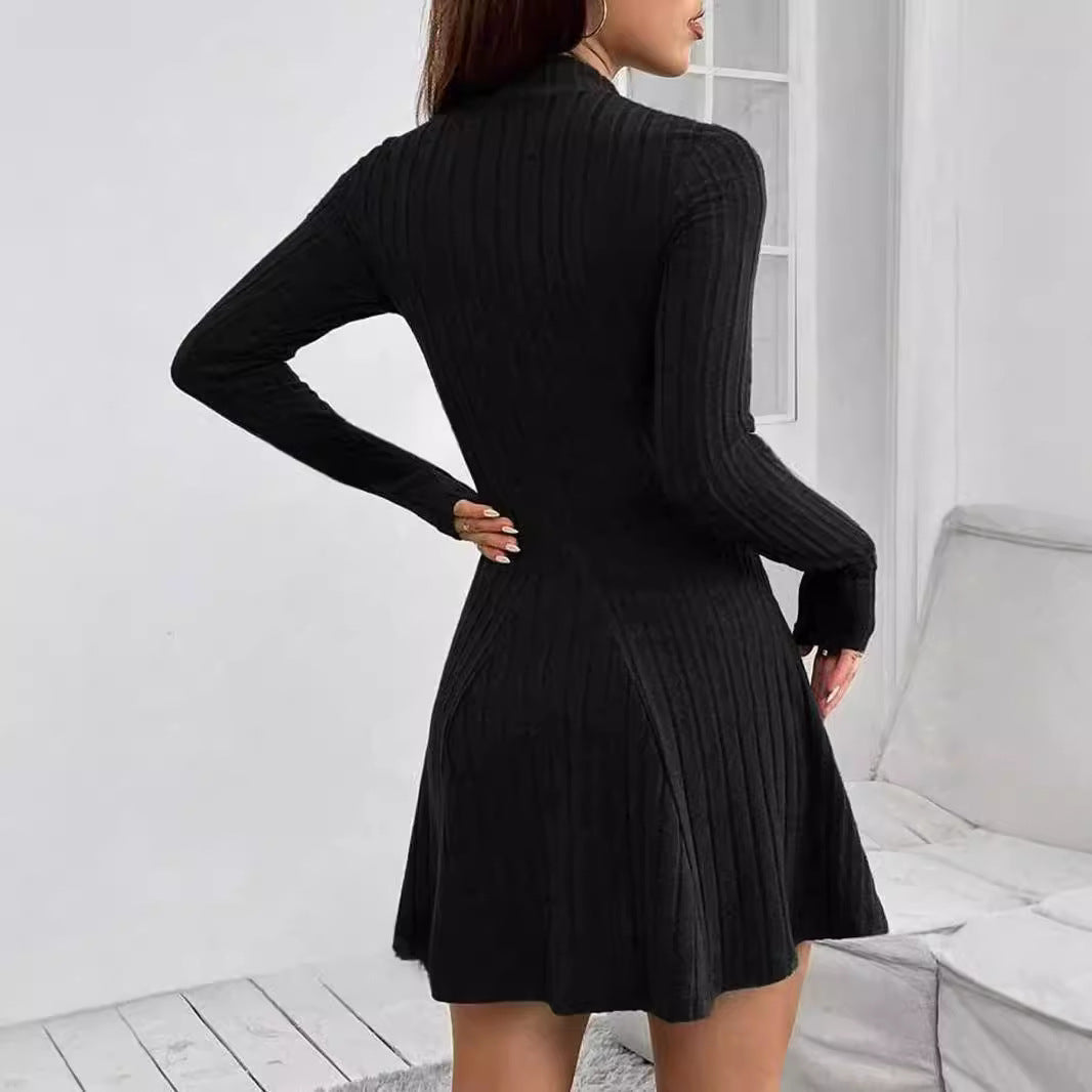 Lioren — Ribbed Mock Neck Dress with Flared Hem and Stretch Fit