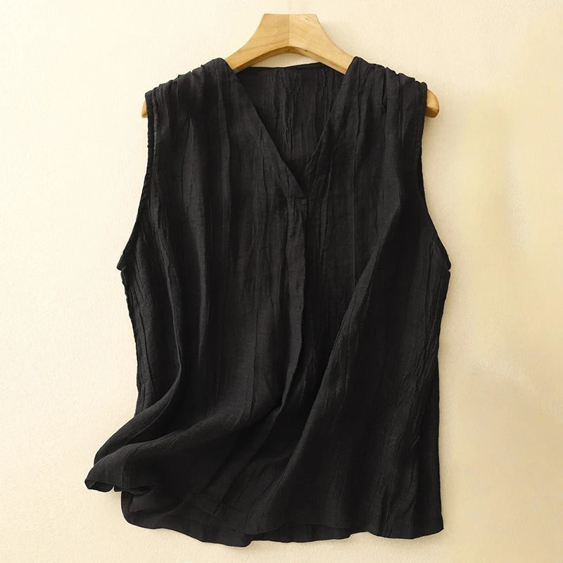 Veyan — Sleeveless Linen Blouse with Asymmetrical Gathered Fit