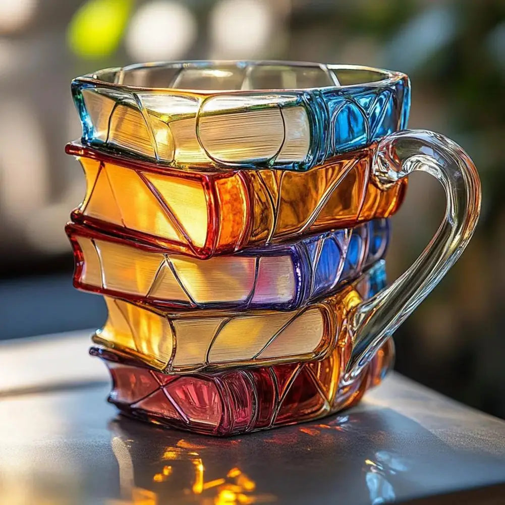 Aleron — 3D Acrylic Book Stack Coffee Mug with Stained-Glass Design