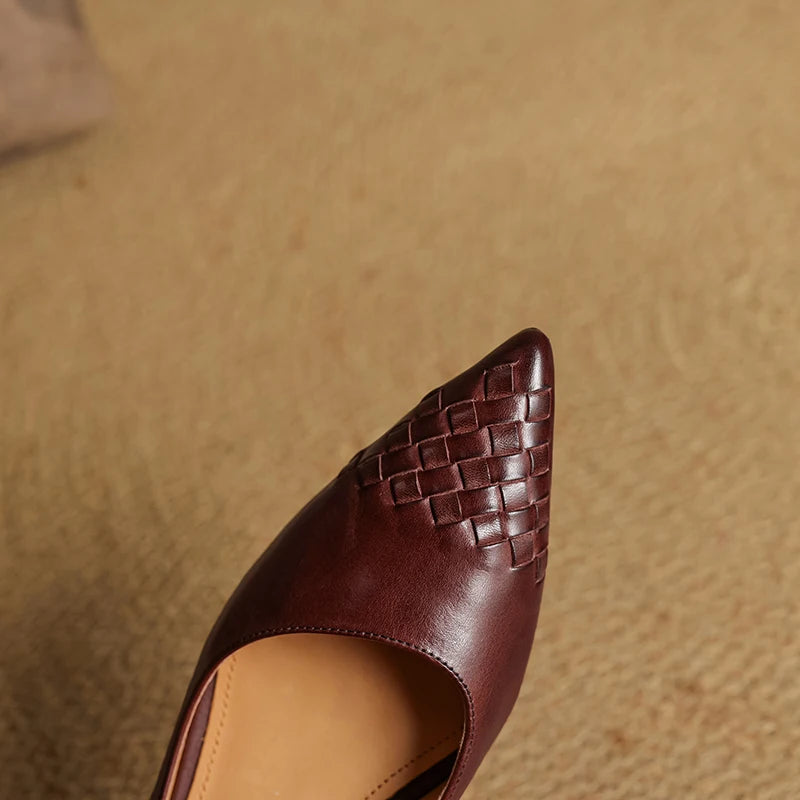 Emara Woven Leather Pumps — Genuine Leather Pointed Toe with Comfortable Wedge Heel