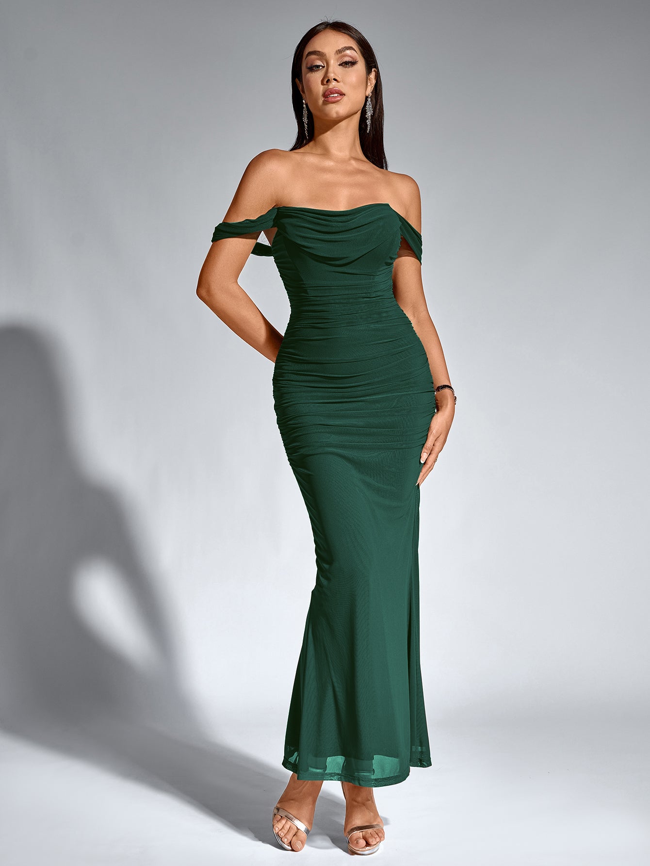 Vexira Off Shoulder Ruched Zipper Back Bodycon Dress