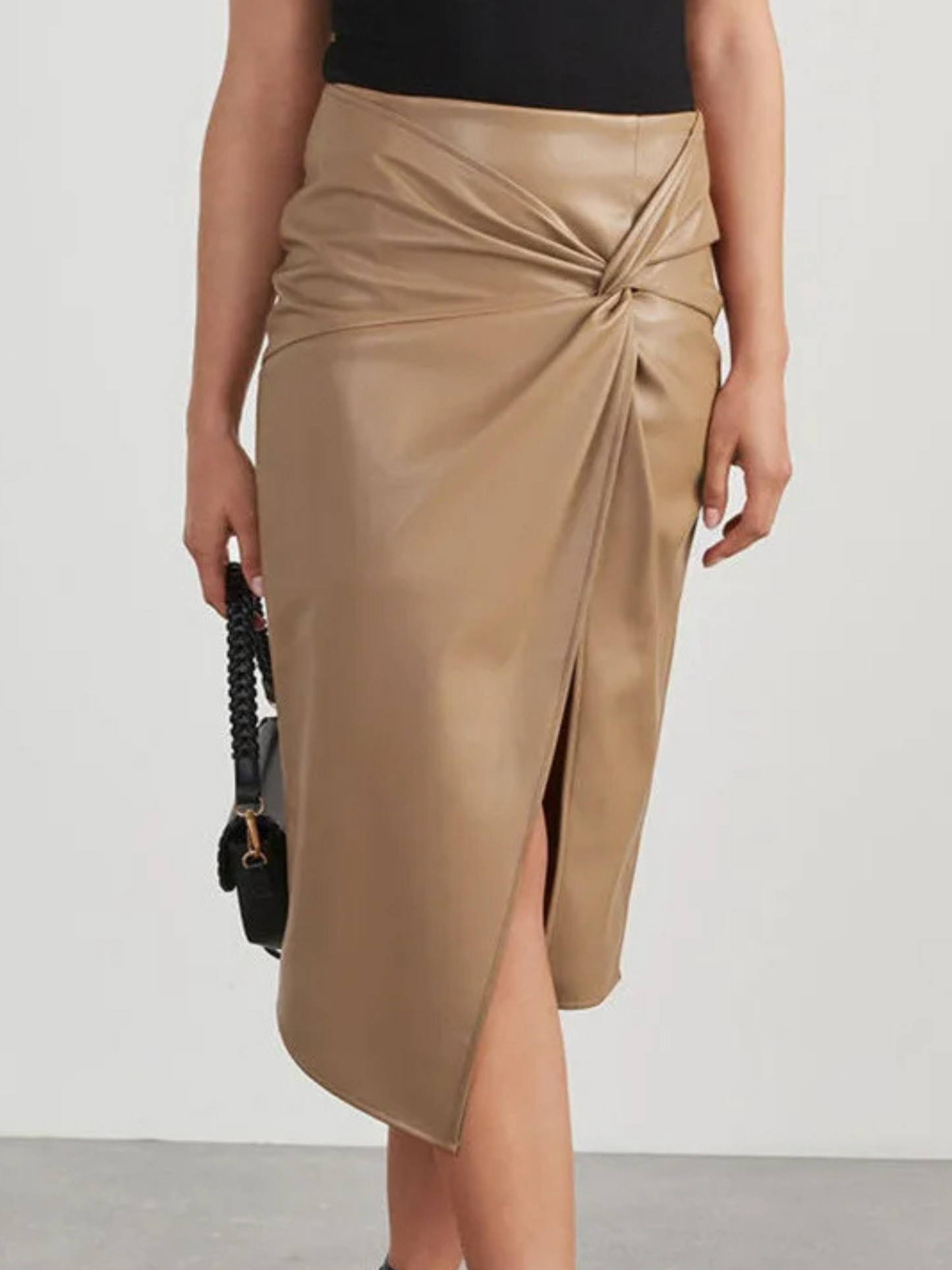 Marinelle — Vegan Leather Midi Skirt with Asymmetric Slit