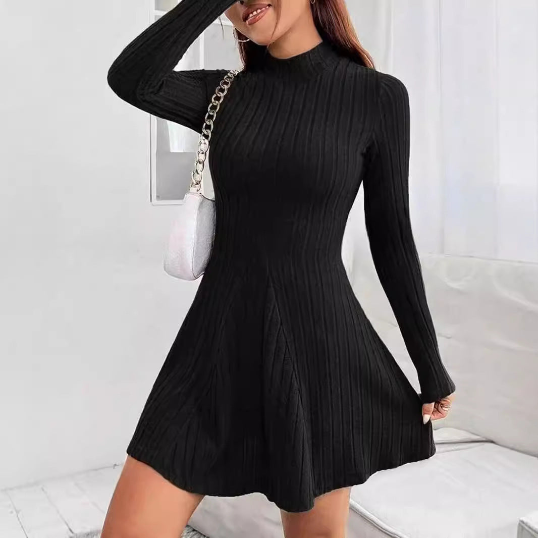 Lioren — Ribbed Mock Neck Dress with Flared Hem and Stretch Fit