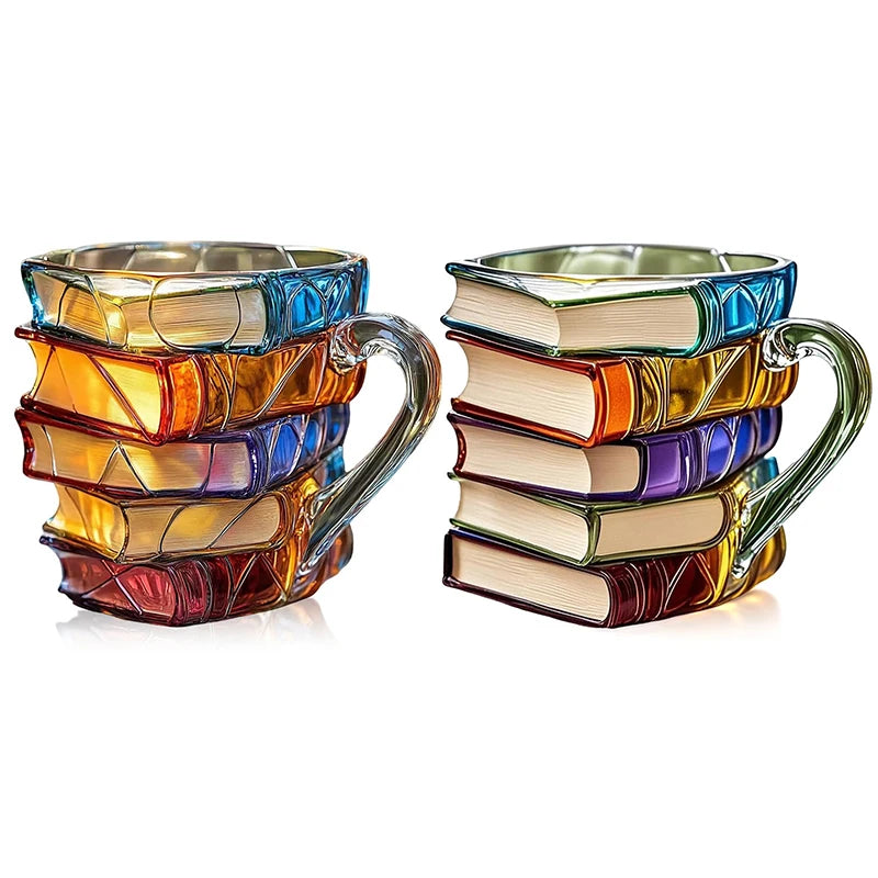 Aleron — 3D Acrylic Book Stack Coffee Mug with Stained-Glass Design