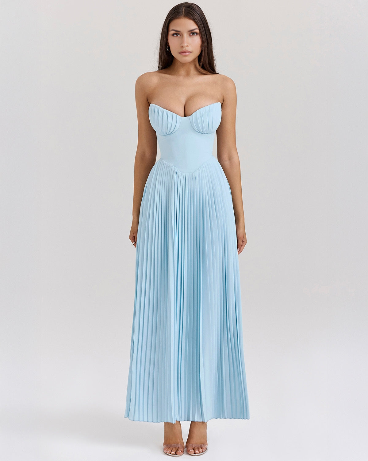 Erisca — Ocean Blue Pleated Maxi Dress with Structured Bodice