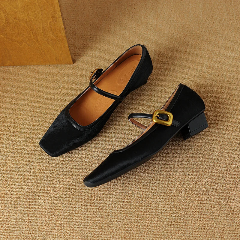 Embera — Genuine Horsehair Square-Toe Pumps with Low Block Heel