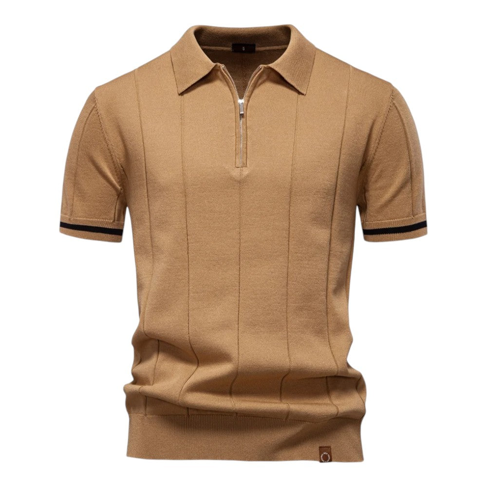 Corvinis — Men's Breathable Zip Collar Polo Shirt with Knit Texture