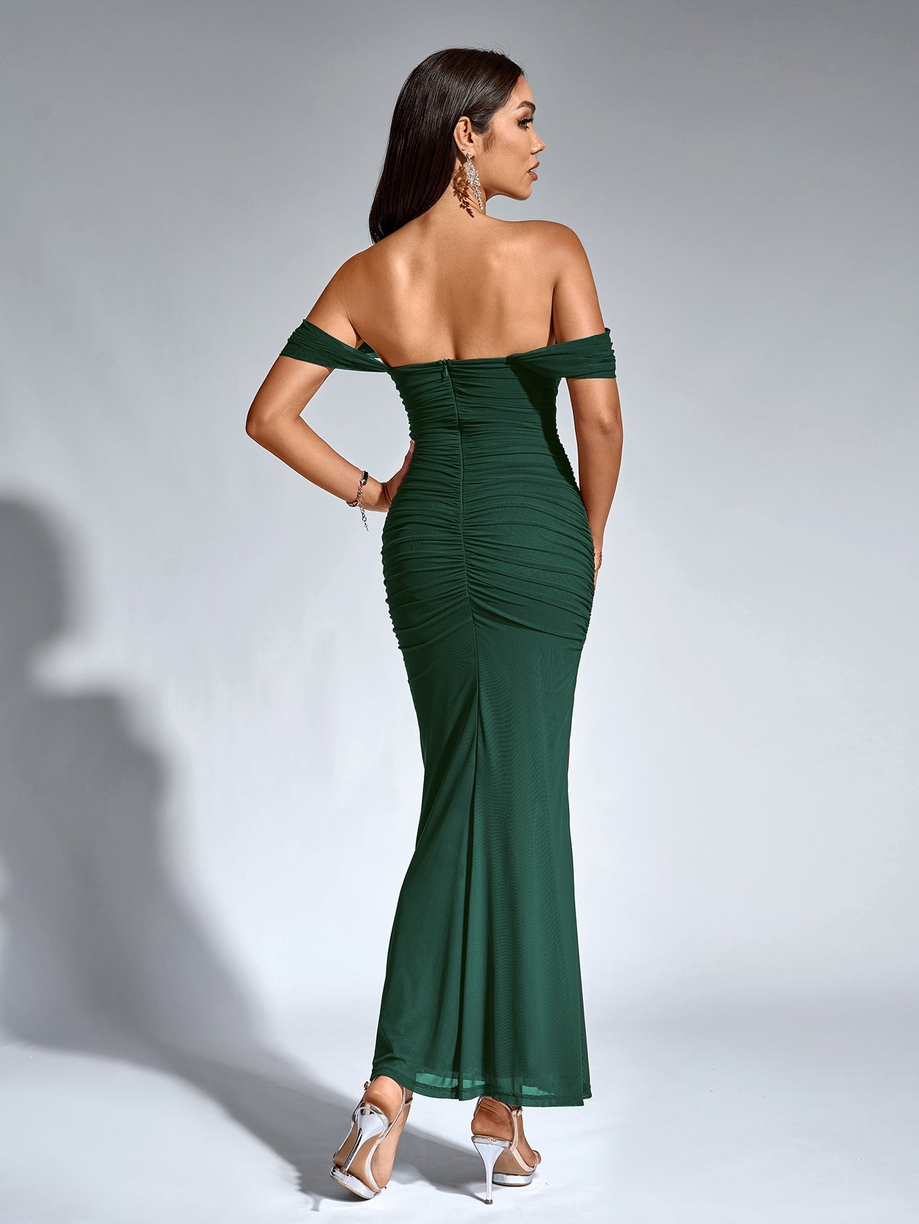 Vexira Off Shoulder Ruched Zipper Back Bodycon Dress