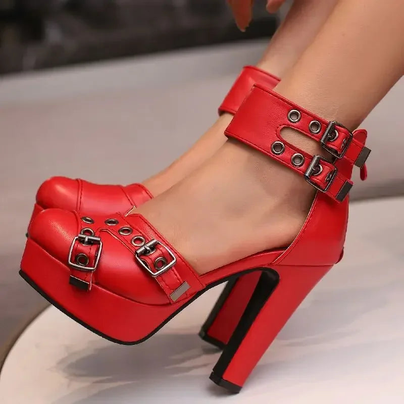 Norelle — Adjustable Double Buckle Leather Heels with 4.5" Block Heel