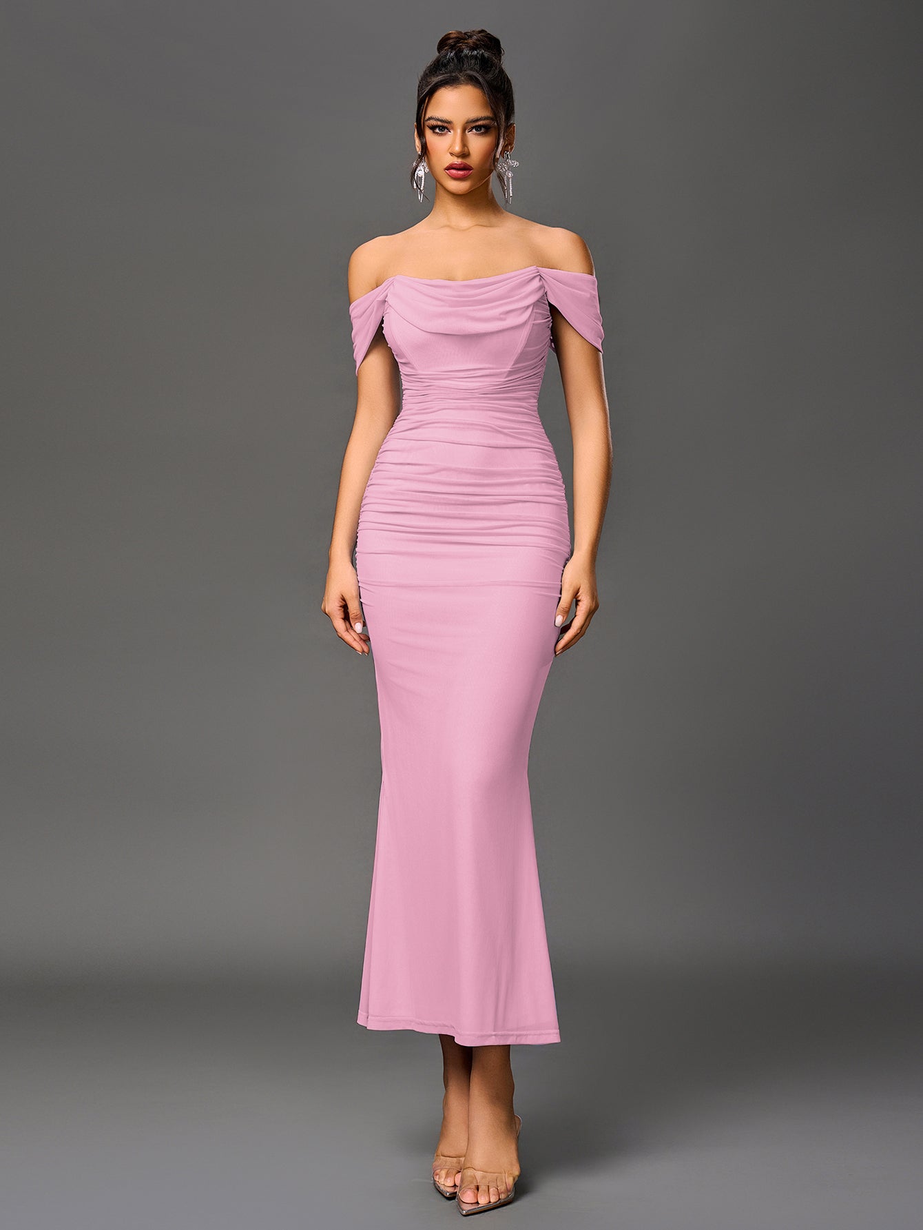 Vexira Off Shoulder Ruched Zipper Back Bodycon Dress