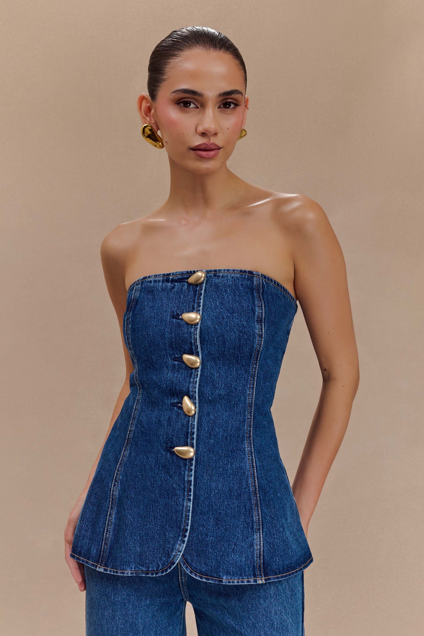 Veltrix Strapless Long Line Button Top - Dark Blue