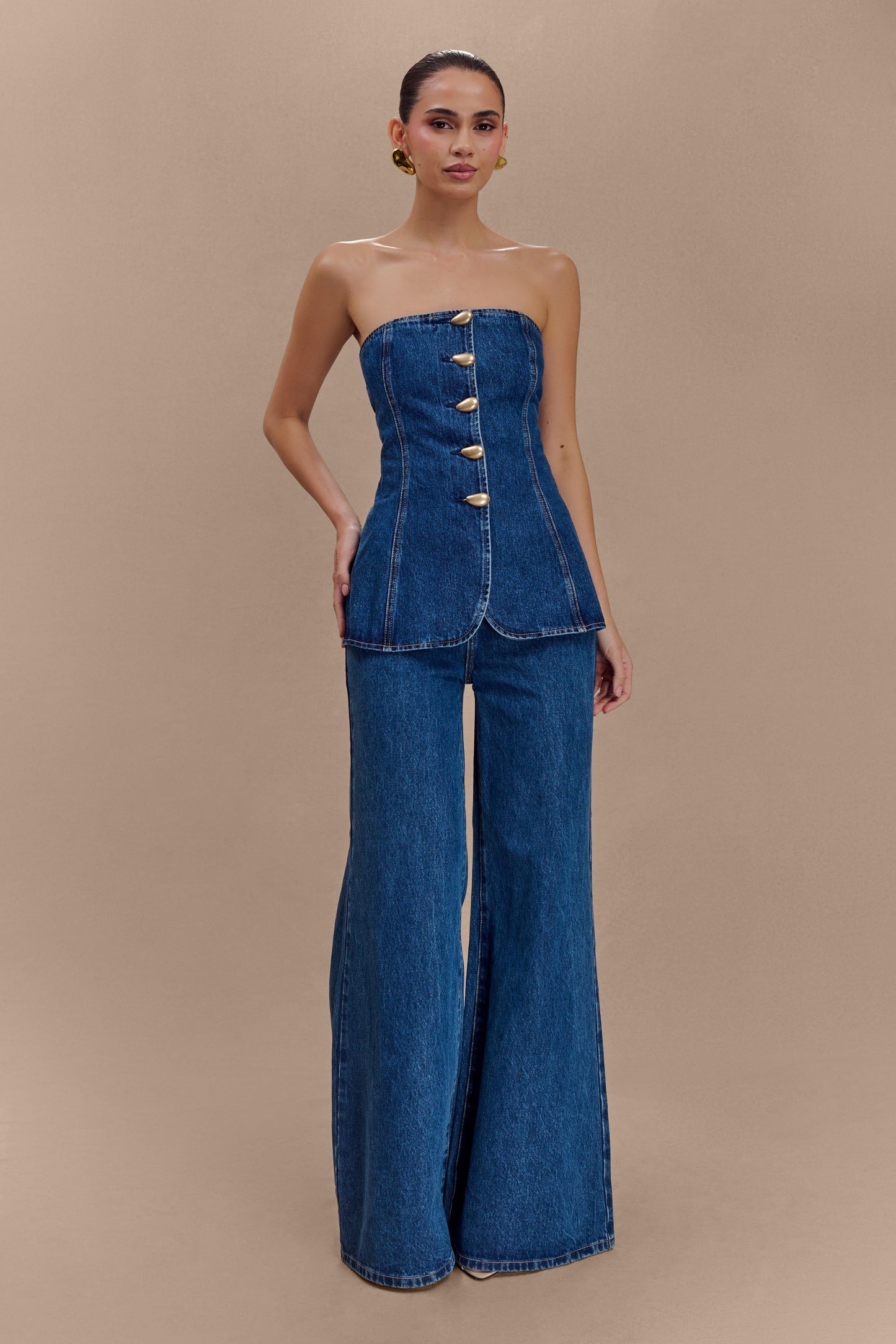 Veltrix Strapless Long Line Button Top - Dark Blue