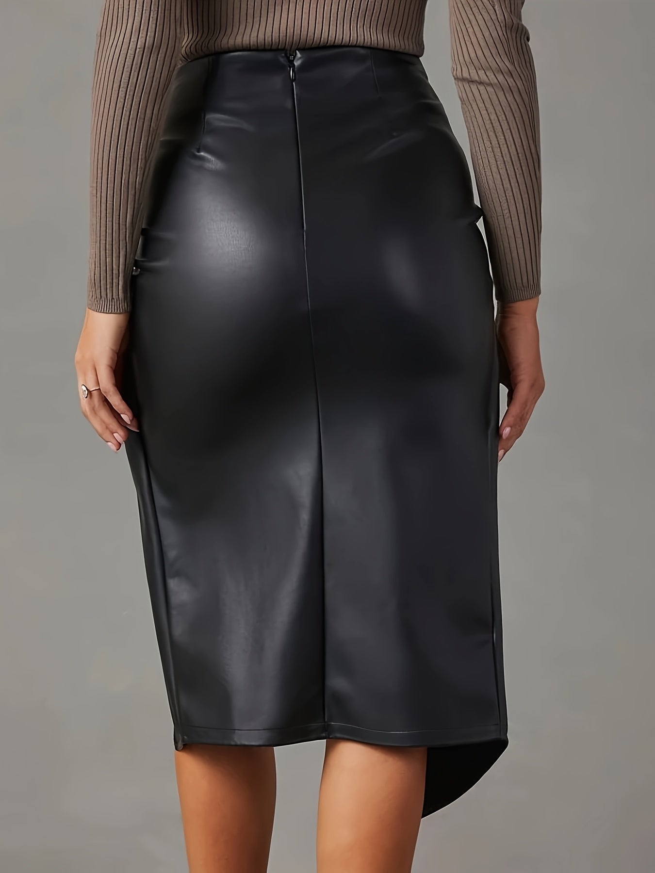 Marinelle — Vegan Leather Midi Skirt with Asymmetric Slit