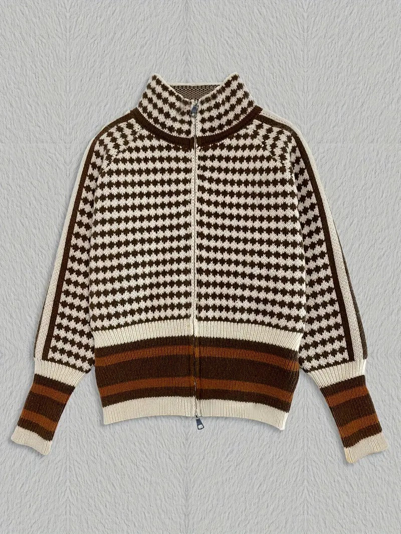 Zevran — Houndstooth Knit Sweater with Full Zip and High Collar