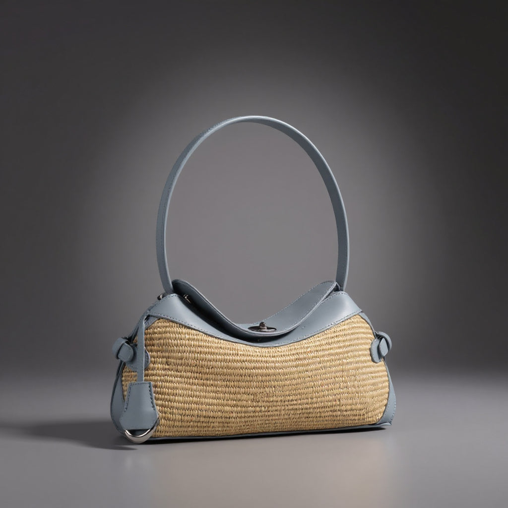 Lena — Handwoven Raffia and Leather Handbag with Turn Clasp Lock